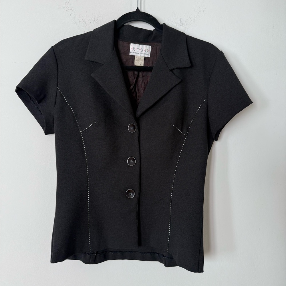Vintage 90s XOXO Office Siren Contrast Stitch Button Up Short Sleeve Blazer Top